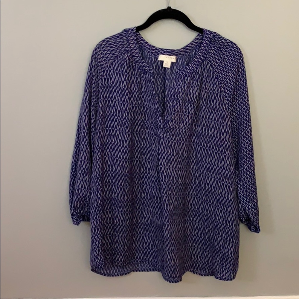 Kenar Blue and White Print V-neck Tunic 3/4 Sleeve
